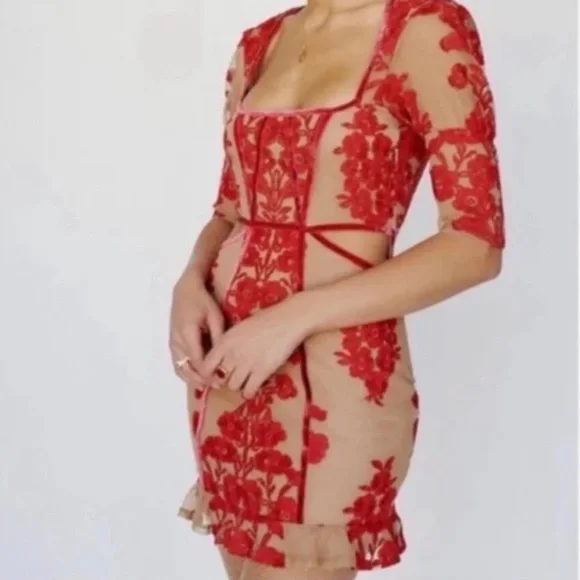 For Love And Lemons Red Lace Backless Mini Dress - Picture 2 of 7
